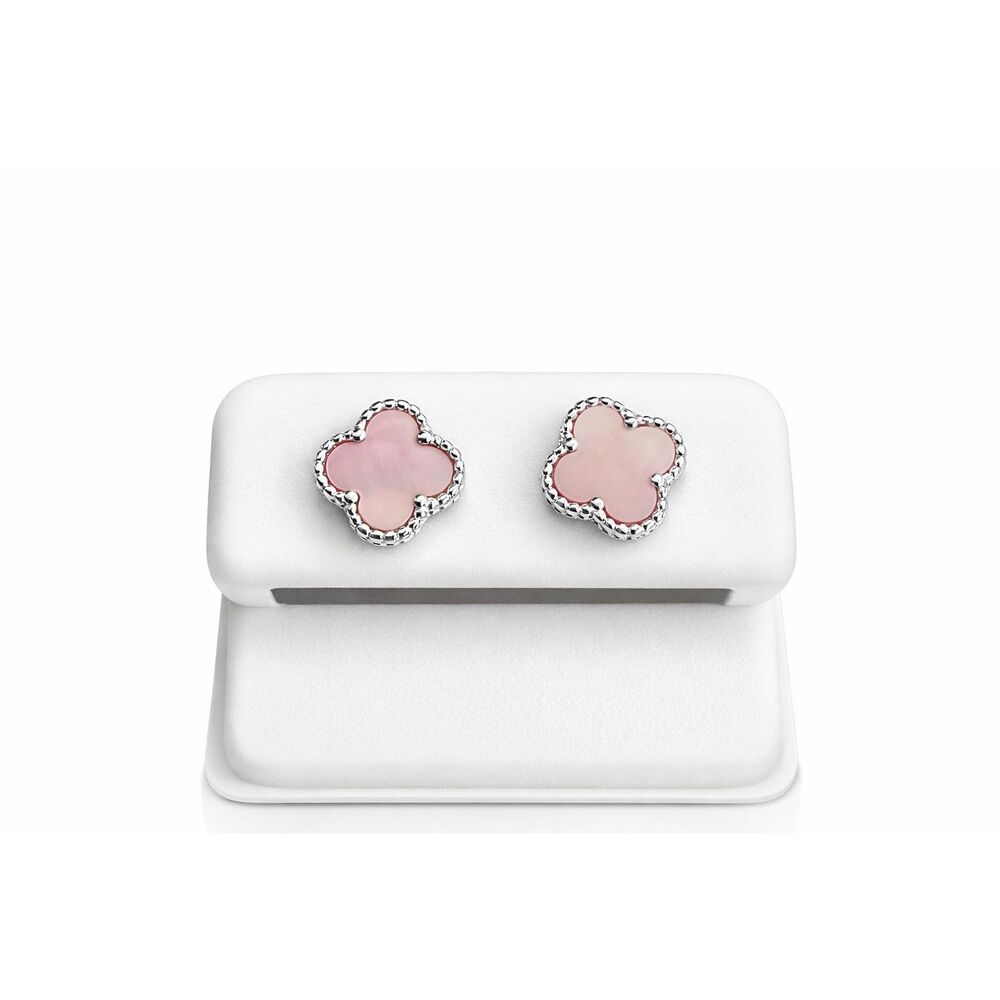 Pink Mother of Pearl Clover Stud Earrings Sterling Silver Beaded Trim Elegant